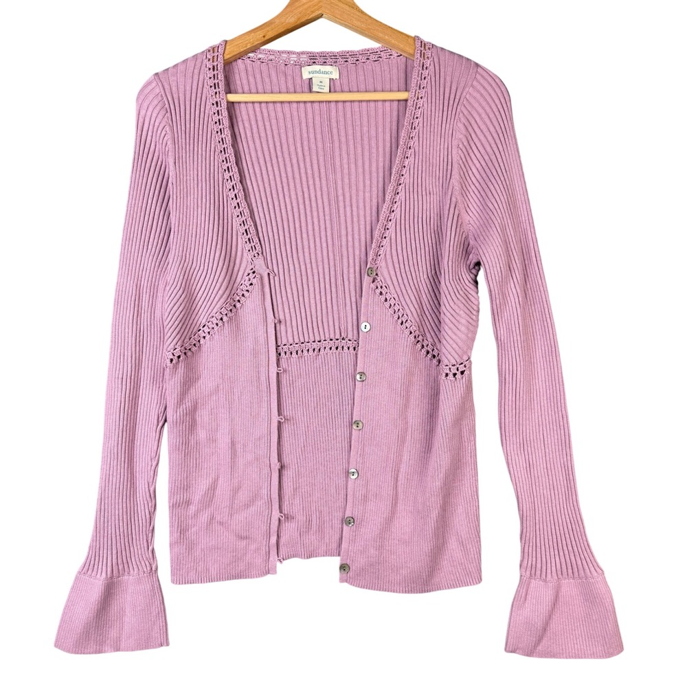Sundance Ribbed Pointelle Cardigan Sweater Lavender Pink Bell Sleeve Size M